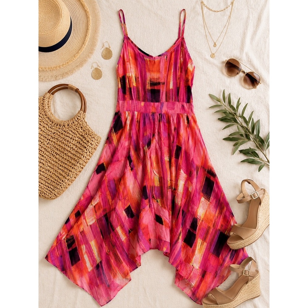 Pink Abstract Sundress Medium Handkerchief Hem Flowy Midi Dress Smocked Boho